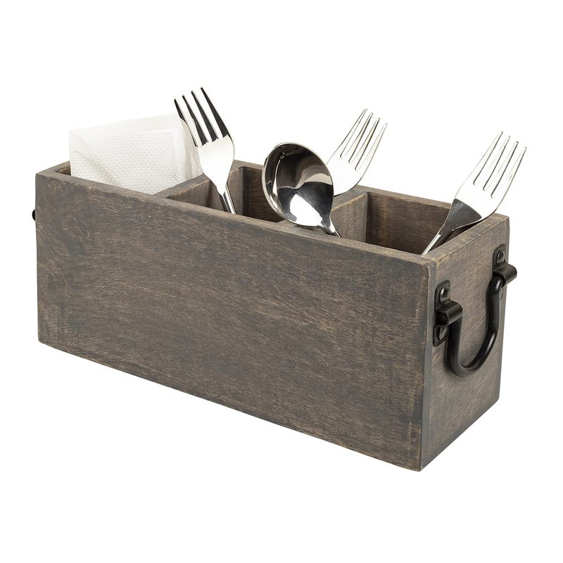 GoCraft 3 Compartment Flatware Caddy, Cutlery Utensil Holder, Organizer Caddy Box For Cooking, Silverware, Flatware, Sauce Spoon, Tongs, and More, Grey Washed Mango Wood Caddy with Metal Handles - Image 3
